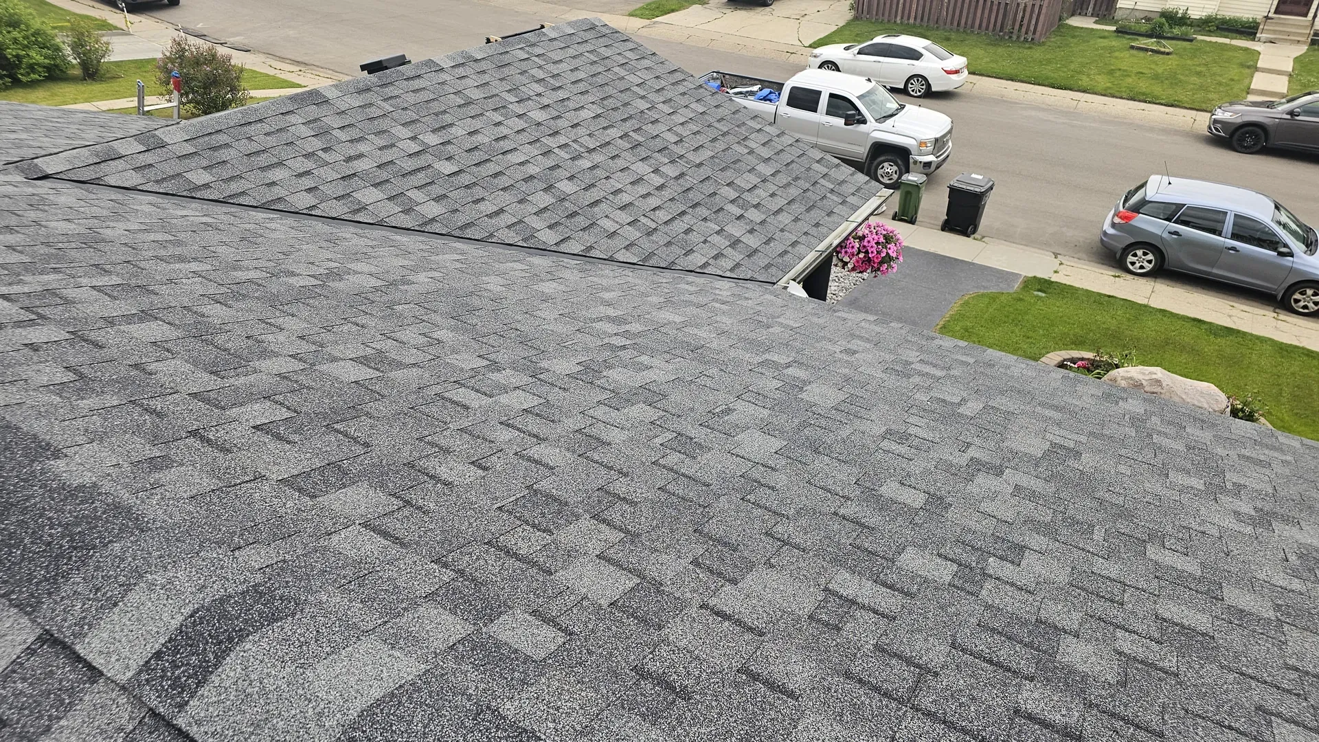 Aerial view of finished residential shingle work in Edmonton