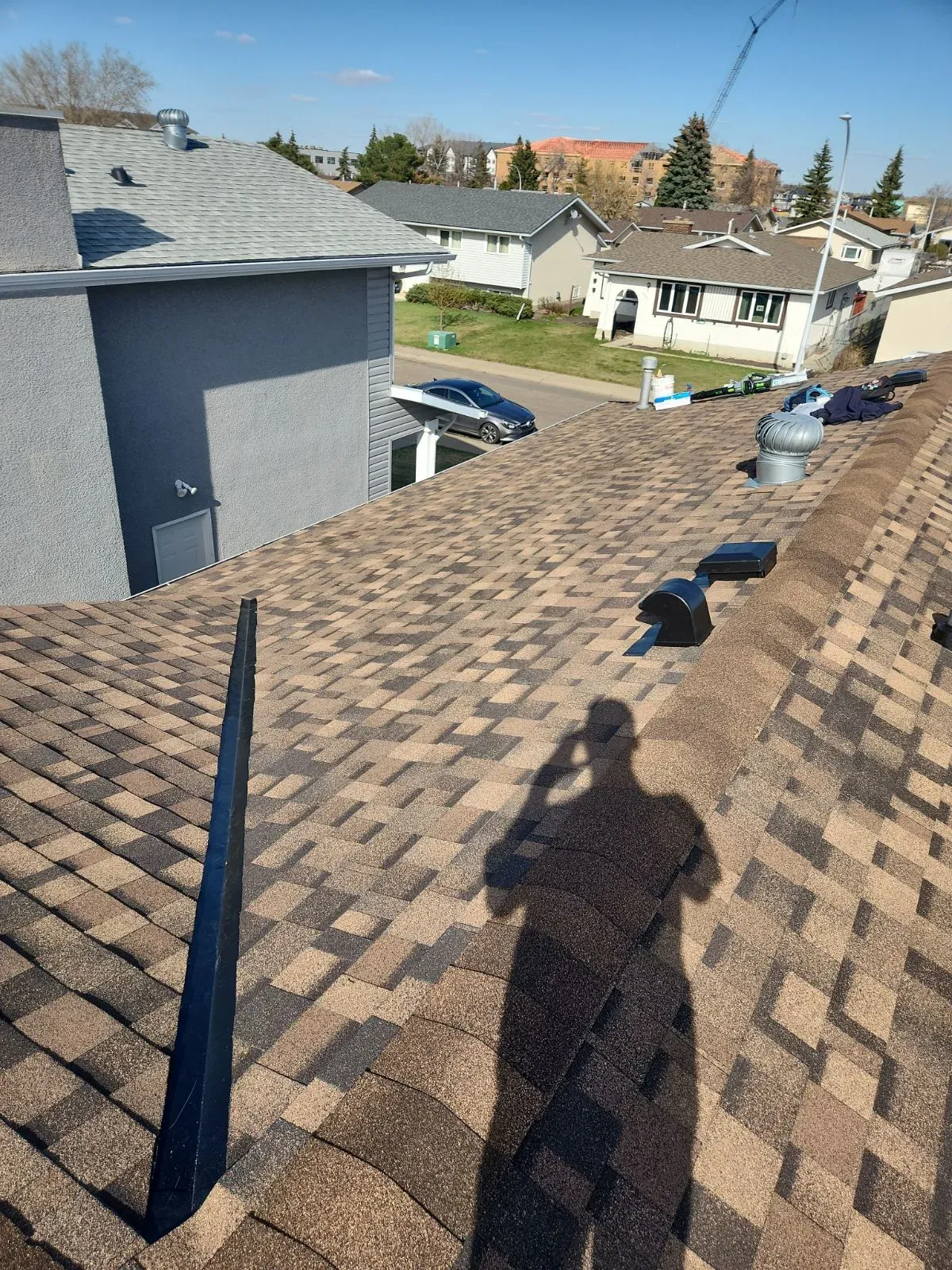 Close-up of a roof repair in progress in Edmonton